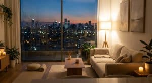 אווירה שלווה של סלון אורבני ברמת גן לקראת טיפול דיקור סיני עד הבית